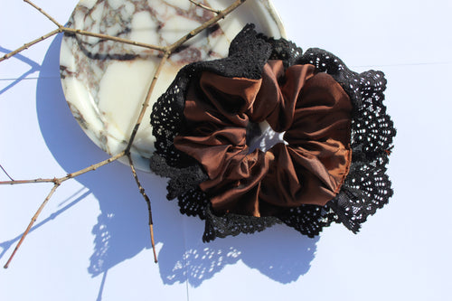 Brown Lace Trim Scrunchie